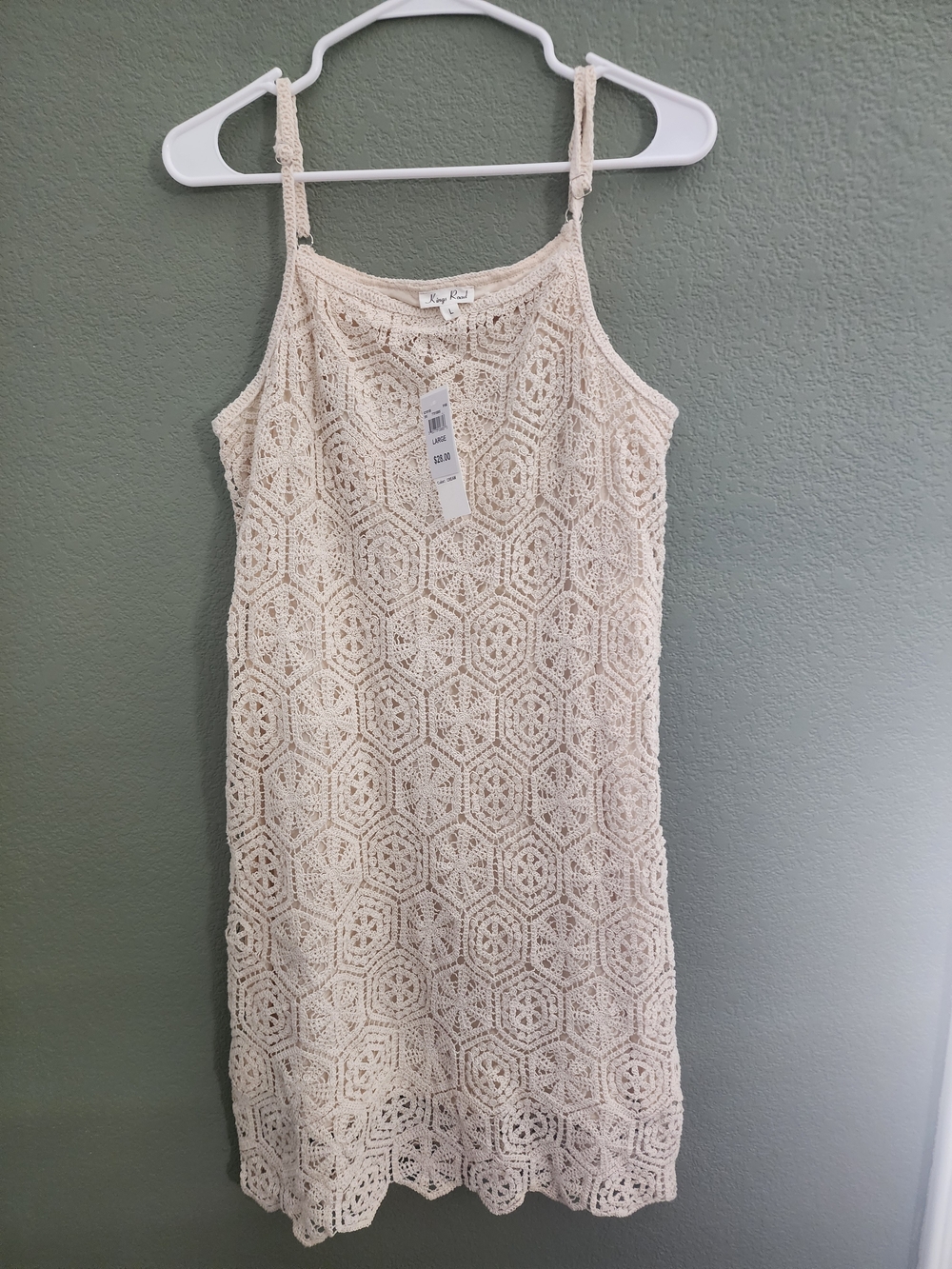 Kings Road Cream Crochet Lace Shift Dress Women's Large Boho Sleeveless Lined